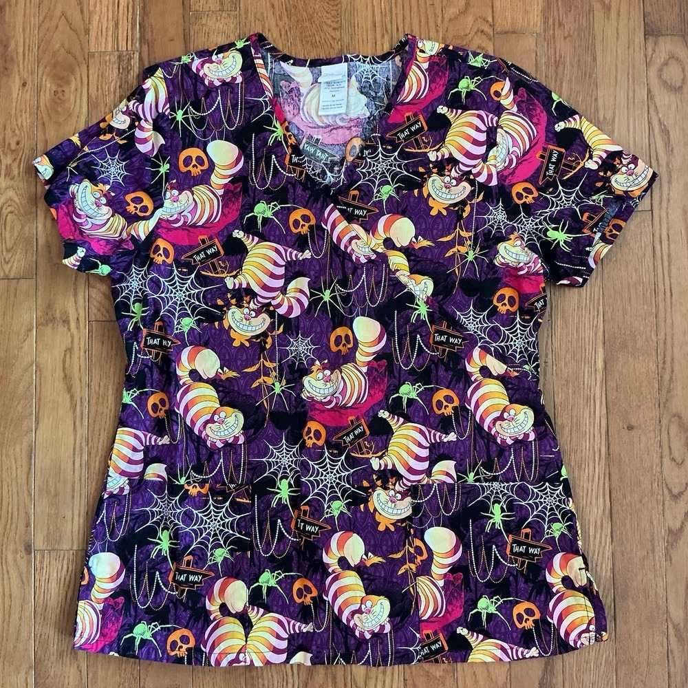 Disney Cheshire Cat Scrub Top Women size M Purple Orange Black